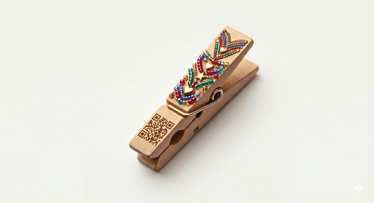 A decorated wooden clothespin with a QR code printed on the nose, covered in beads and colorful accents