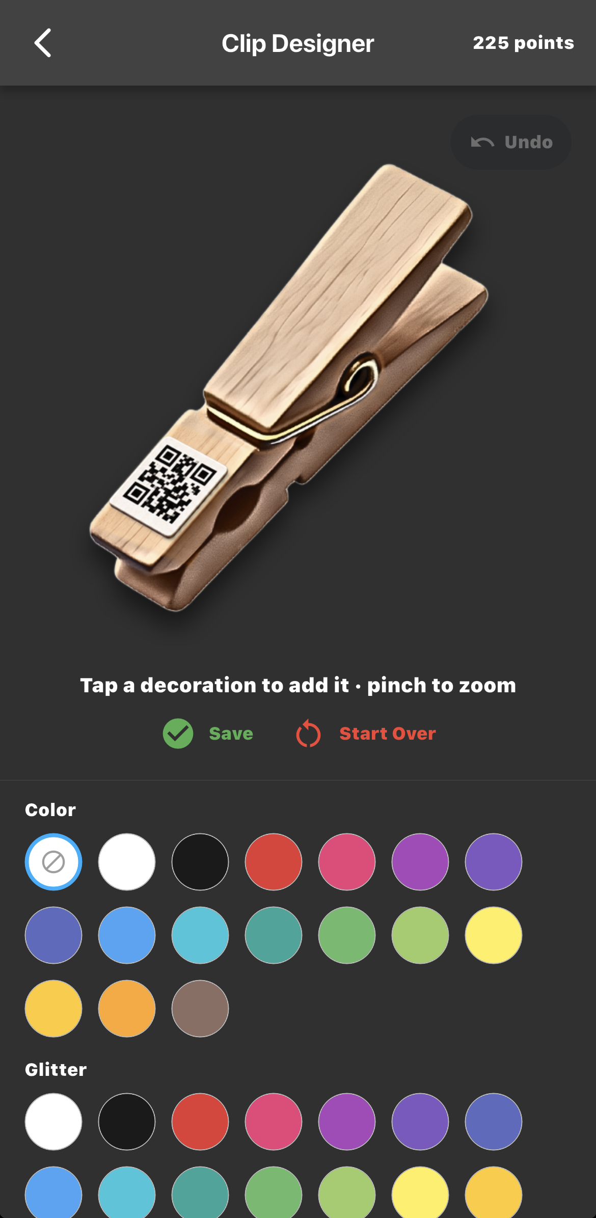 The Clip Designer: pinch to zoom, and pick a color, glitter, or none