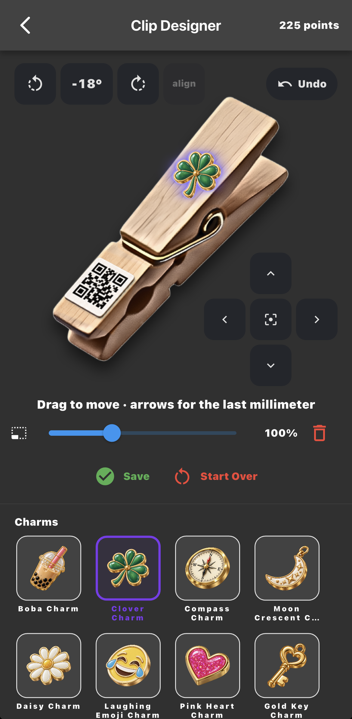 Editing a charm in the Clip Designer: turn it, nudge it into place, or change its size