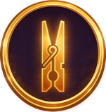 The Rule Setter badge: a glowing gold clothespin on a dark coin