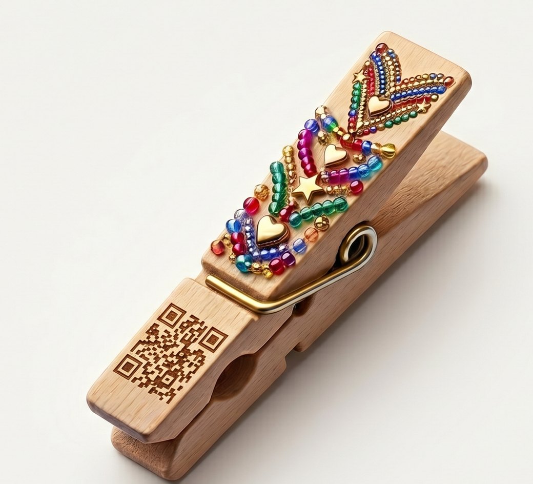 A wooden clothespin decorated with colorful beads, hearts and a star, with a QR code engraved on its tip